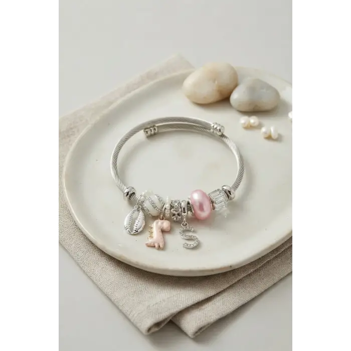 Bileklik Pembe Dinazor Model Charmlı Gümüş Renk