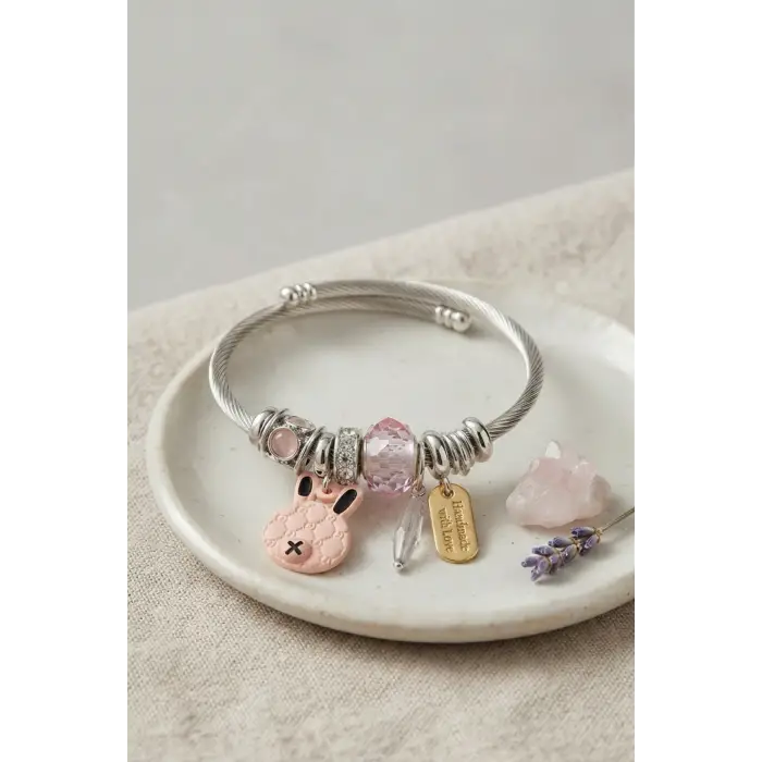 Bileklik Pembe Şans Tavşanı Charmlı