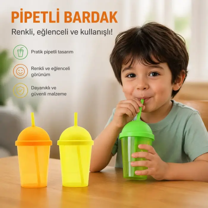 Bardak Pipetli 450 ml Şeffaf Renkli Plastik