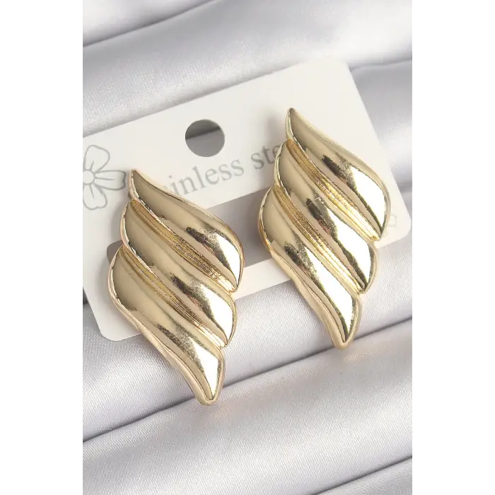Kadın Küpe Pirinç Gold Renk 3 Sıralı Dalgalı Model