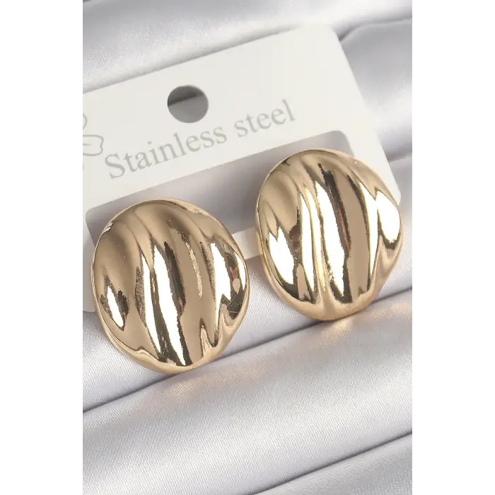 Kadın Küpe Pirinç Gold Renk İşlemeli Daire Plaka Model