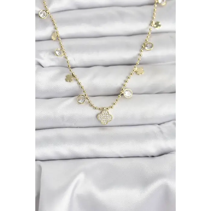Kadın Kolye Pirinç Gold Renk Yonca Model