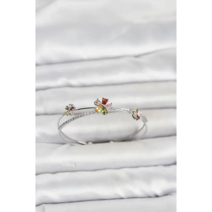 Kadın Bileklik Pirinç Gümüş Renk Renkli Çiçek Model
