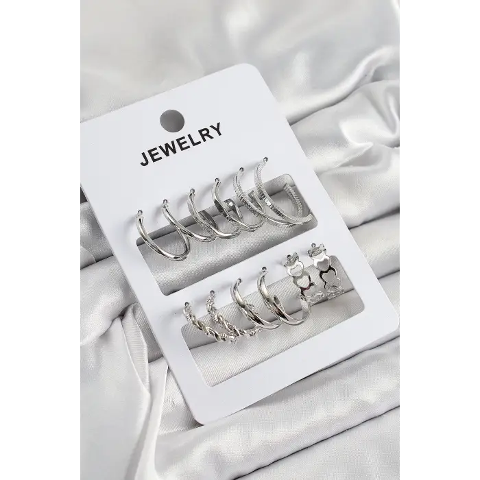 Kadın Küpe Pirinç Karışık Halka Model Gümüş Renk 6 Çift Set
