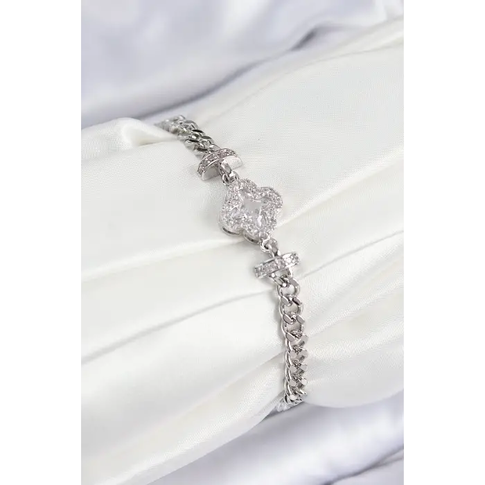 Kadın Bileklik Pirinç Zirkon Taşlı Yonca Model Gümüş Renk