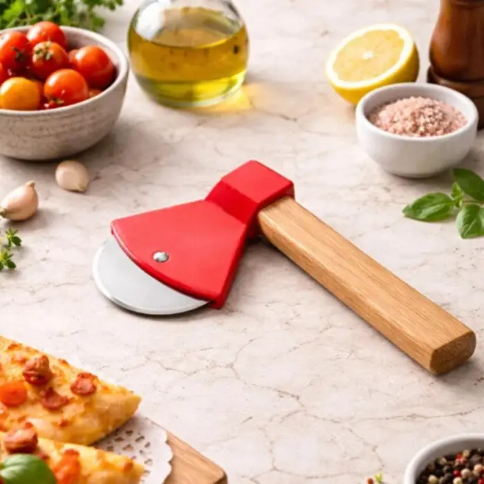 Kullanıma Uygun Pizza Kesici Balta Tasarımlı Ahşap Saplı Paslanmaz Çelik Bıçaklı
