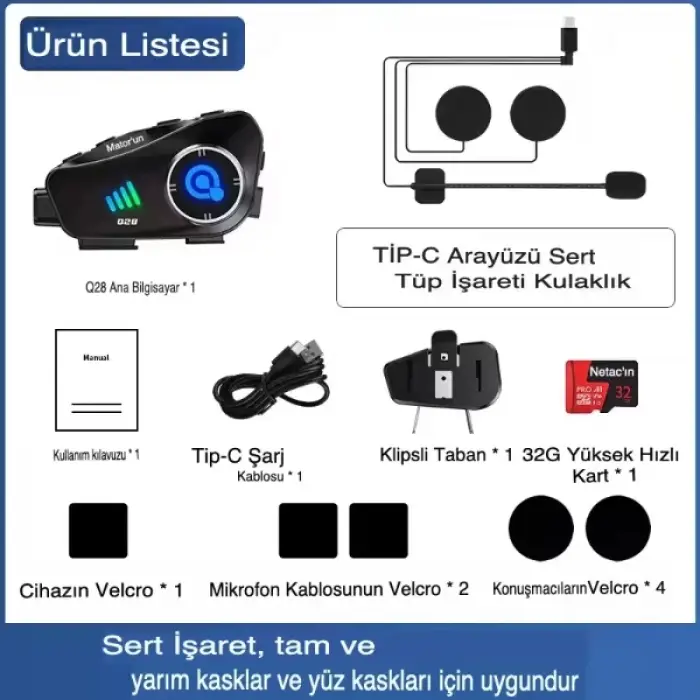 1000 metre Kullanıma Uygun Q28 Kameralı Motosiklet Kask Kulaklığı
