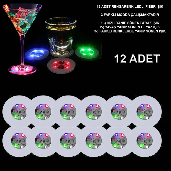 Bardak Renkli LED Işıklı Altlığı 12 Adet, Pilli