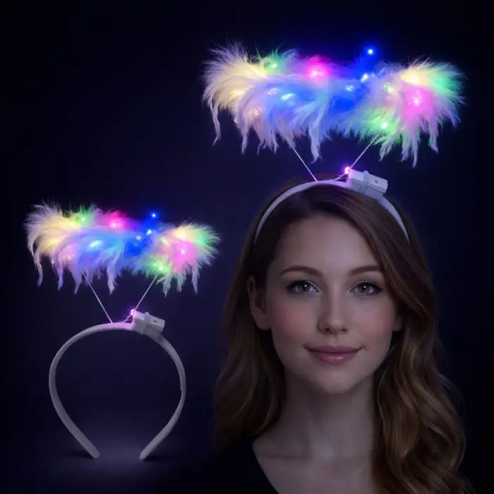 Renkli LED Işıklı Beyaz Tüylü Püsküllü Parti Tacı Çeşidi