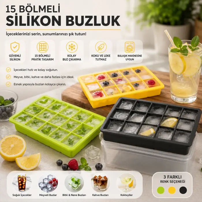 Kullanıma Uygun Renkli Pratik Buz Kalıbı 15 Bölmeli Silikon