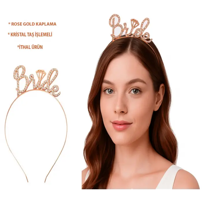 Kullanıma Uygun Rose Gold Renkli Taşlı “Bride” Gelin Tacı
