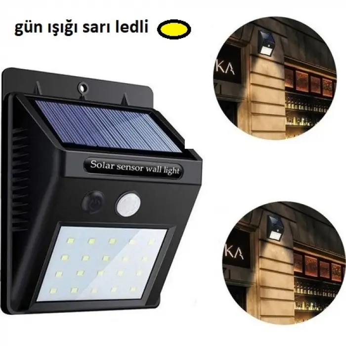 Kullanıma Uygun Sarı Gün Işıklı Solar Lamba 20 LED Dış Mekan Duvar Tipi