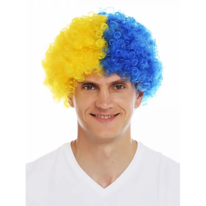 Kullanıma Uygun Sarı Lacivert Kıvırcık Afro Bonus Taraftar Peruğu