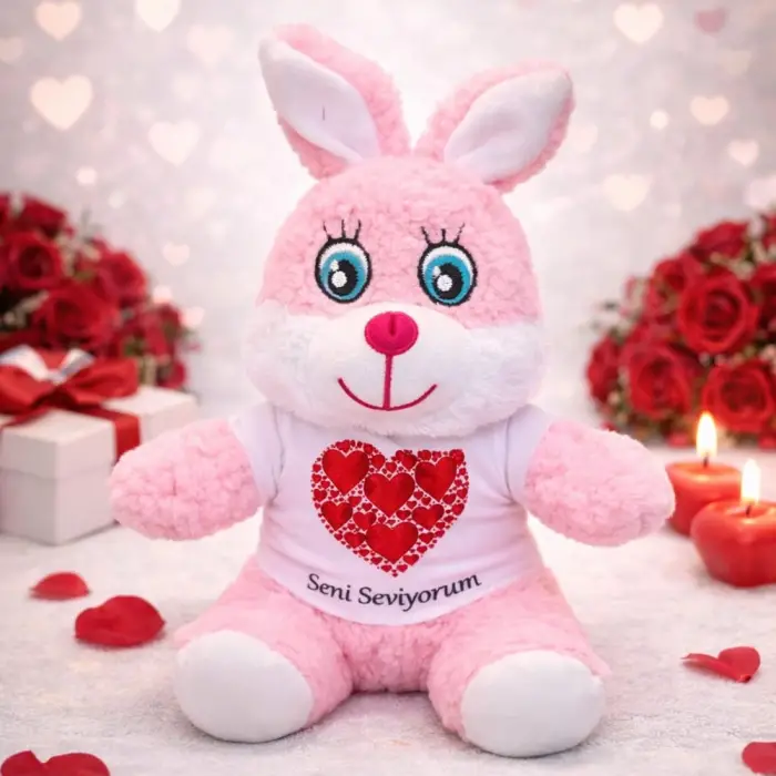 Kullanıma Uygun Seni Seviyorum Tişörtlü Pembe Peluş Tavşan