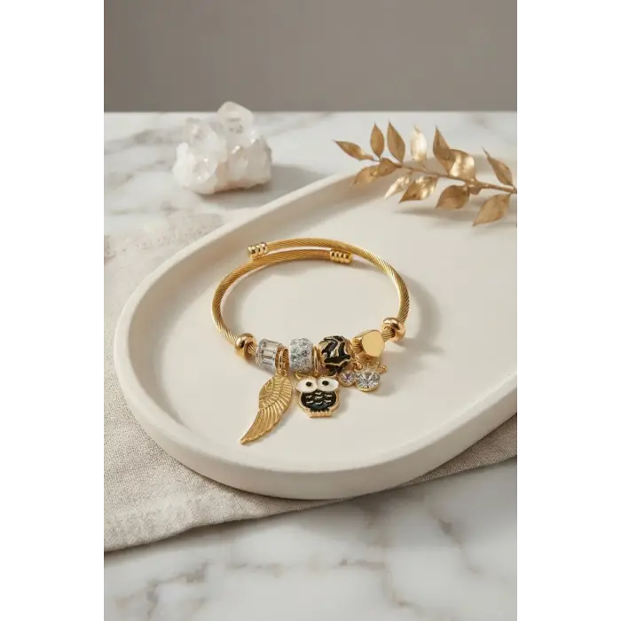 Bileklik Siyah Baykuş Model Gold Renk Charmlı