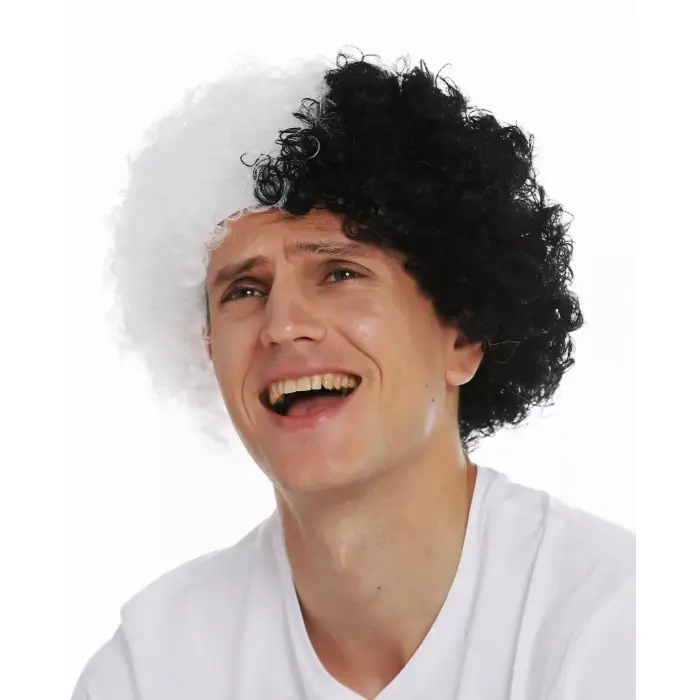 Kullanıma Uygun Siyah Beyaz Kıvırcık Afro Bonus Taraftar Peruğu