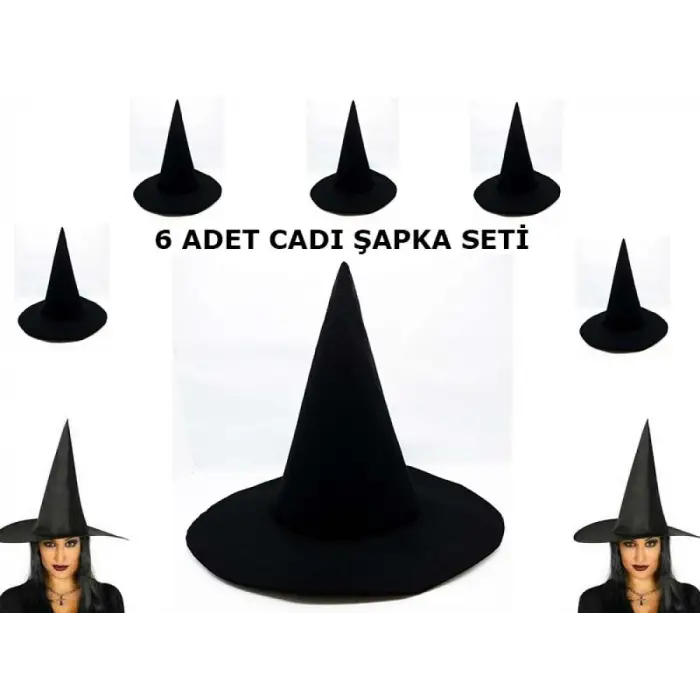 Cadı Şapkası Siyah Keçe Yetişkin Boy 6 Adet