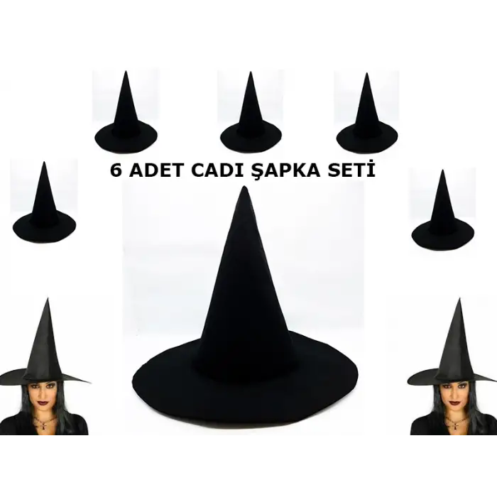 Cadı Şapkası Siyah Keçe Yetişkin Boy 6 Adet