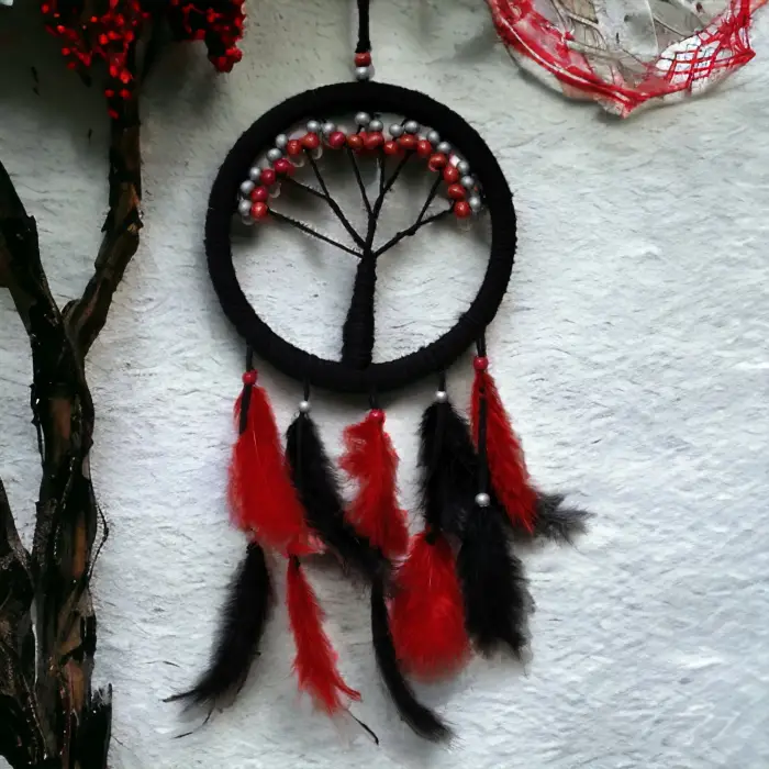 Ahşap Siyah Kırmızı Hayat Ağacı Dream Catcher