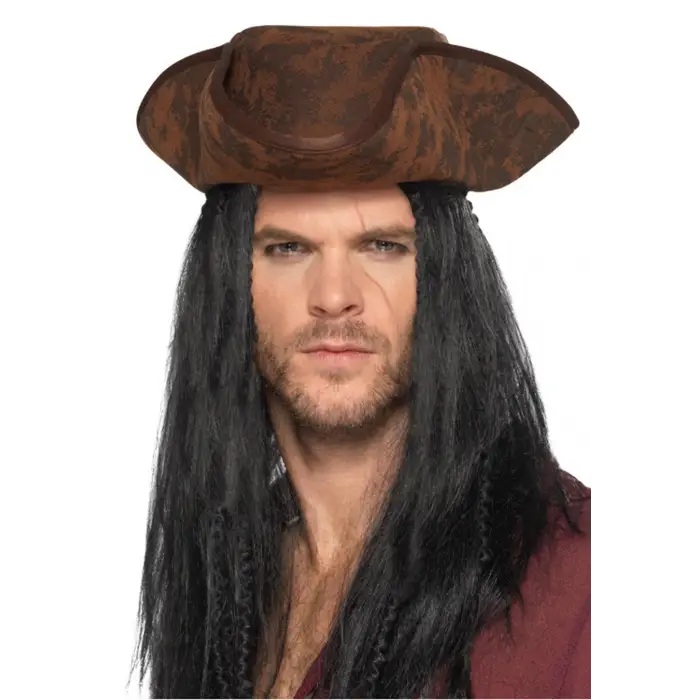 Kullanıma Uygun Siyah Saçlı Kaptan Korsan Şapkası