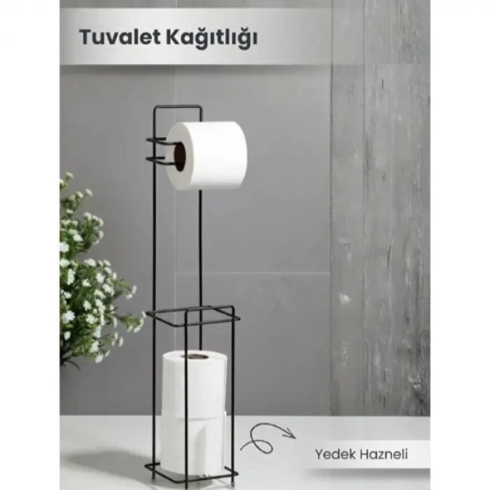 Metal Siyah Standlı Yedek Hazneli Tuvalet Kağıtlığı