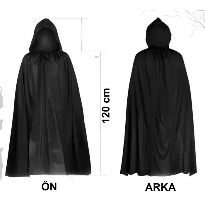 Pelerin Siyah Uzun 120 cm Kapüşonlu