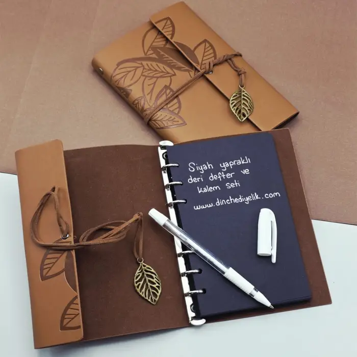 Kalem Seti Siyah Yapraklı Deri Defter Ve