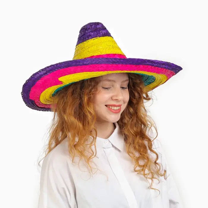 Kullanıma Uygun Sombrero Meksika Şapkası Renkli Örme Hasır Çocuk Boy
