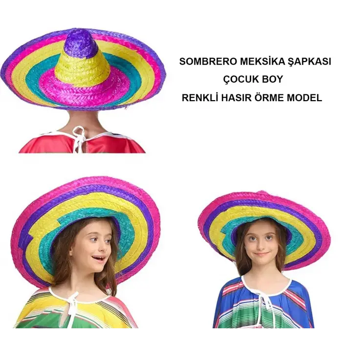 Kullanıma Uygun Sombrero Meksika Şapkası Renkli Örme Hasır Çocuk Boy
