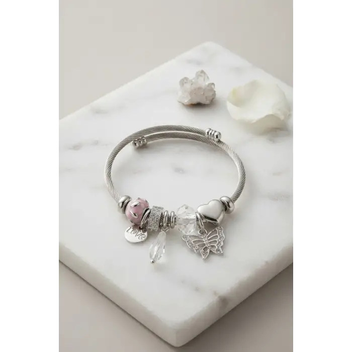 Bileklik Taşlı ve Pembe Charmlı