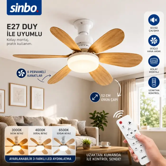 52 cm Ölçülü Tavan Vantilatörü ve LED Avize Uzaktan Kumandalı 6 Kanatlı