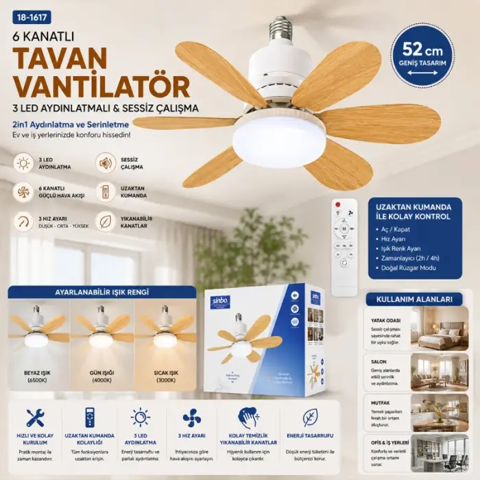 52 cm Ölçülü Tavan Vantilatörü ve LED Avize Uzaktan Kumandalı 6 Kanatlı