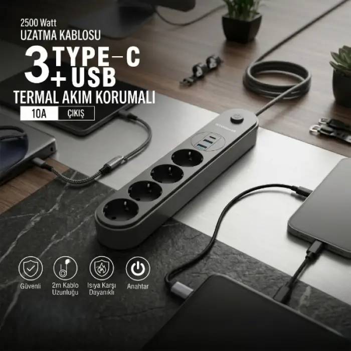 Kullanıma Uygun Termal Akım Korumalı 4 Prizli USB Girişli Uzatma Kablosu