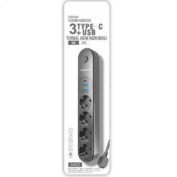 Kullanıma Uygun Termal Akım Korumalı 4 Prizli USB Girişli Uzatma Kablosu