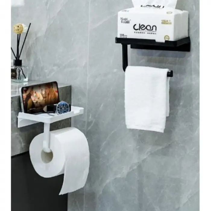Kullanıma Uygun Tuvalet Kağıdı Askılığı Raflı ve Yapışkanlı Matkapsız Banyo Aksesuarı