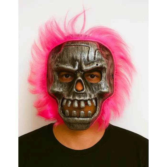 Maske Wild Skull Gümüş Kafatası Pembe Saçlı İskelet