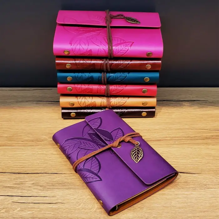 15x11 cm mor 176 sayfa Defter Yaprak Desenli Deri Asorti