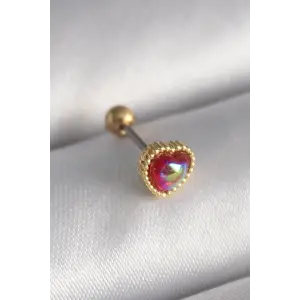 Tragus Piercing Çelik Gold Renk Kırmızı Mineli Kalp