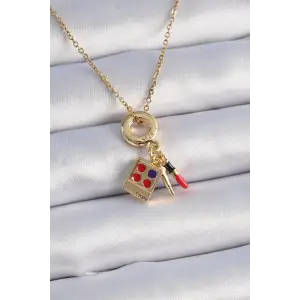 Kadın Kolye Çelik Gold Renk Makyaj Paleti Figür Charm Model