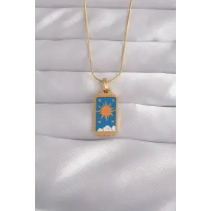 Kolye Çelik Gold Renk Mavi Mineli Güneş Model Tarot