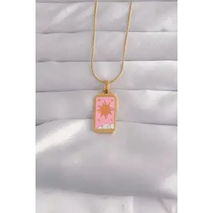 Kolye Çelik Gold Renk Pembe Mineli Güneş Model Tarot