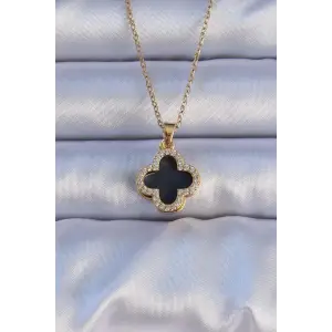Kolye Çelik Gold Renk Siyah Mineli Zirkon Taşlı Yonca Figürlü