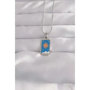 Kolye Çelik Gümüş Renk Mavi Mineli Güneş Model Tarot
