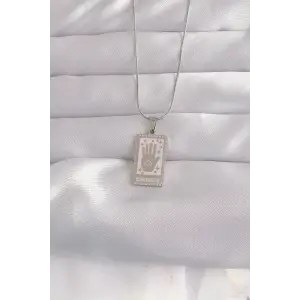Kolye Çelik Gümüş Renk Pembe Mineli El Figür Tarot