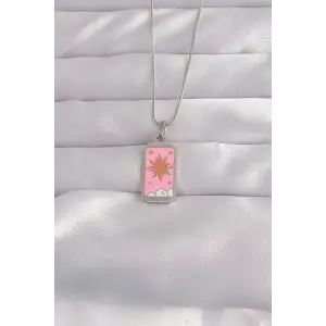 Kolye Çelik Gümüş Renk Pembe Mineli Güneş Model Tarot
