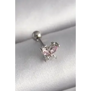 Tragus Piercing Çelik Gümüş Renk Pembe Zirkon Taşlı