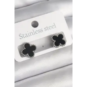 Kadın Küpe Çelik Gümüş Renk Siyah Yonca Model