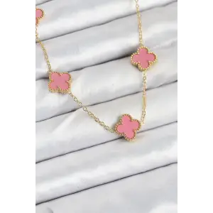 Kadın Kolye Çelik Zincir Gold Pembe Renk Yonca