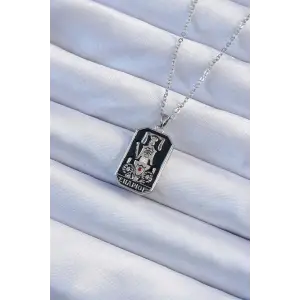 Kolye Çelik Zincir Gümüş Renk Siyah Mineli Tarot