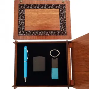 Çakmak Ahşap Kutulu ve Mavi Kalem Anahtarlık Set